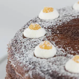 Detail shot of Lady M's Chocolate Banana Mille Crêpes. Layers of crêpe, and pastry cream.