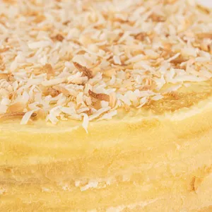 A close-up of Lady M's Coconut Mille Crêpes cake showing crepe layers and toasted coconut flakes.