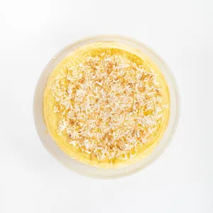 An overhead view of Lady M's Coconut Mille Crêpes topped with coconut flakes.