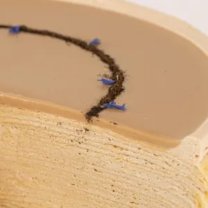 Detail shot of Lady M's Earl Grey Mille Crêpes. Layers of crêpe, cream, and tea glaze.