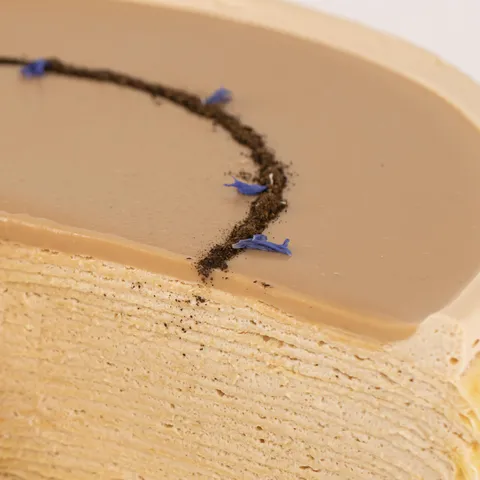 Detail shot of Lady M's Earl Grey Mille Crêpes. Layers of crêpe, cream, and tea glaze.