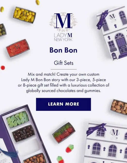 A website banner for Lady M's Bon Bon Gift Set.