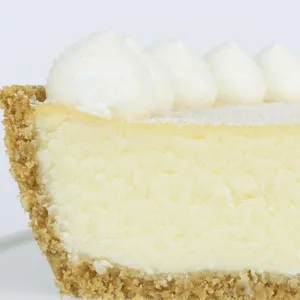 A detail shot of a Lady M Coconut Cheesecake. Layer of graham cracker crust, cream cheese, & purée.