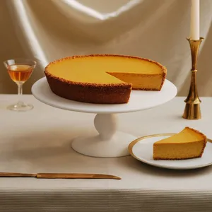 A Lady M Pumpkin Nuage with one slice served on a plate, set on a table with linen table cloth.