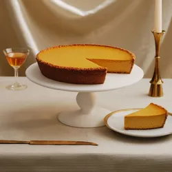 A Lady M Pumpkin Nuage with one slice served on a plate, set on a table with linen table cloth.