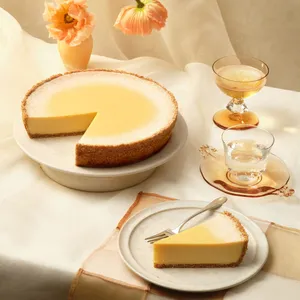 A Lady M Passion Fruit Cheesecake with one slice served on a plate over a beige linen.