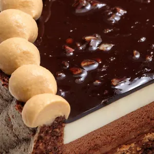 A close-up shot of a Lady M Noisettes Chocolat. Chocolate biscuit base, mousse, glaze, & hazelnuts.