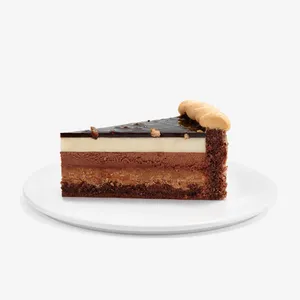 A thumbnail shot of a Lady M Noisettes Chocolat slice on top of a white round cake plate.