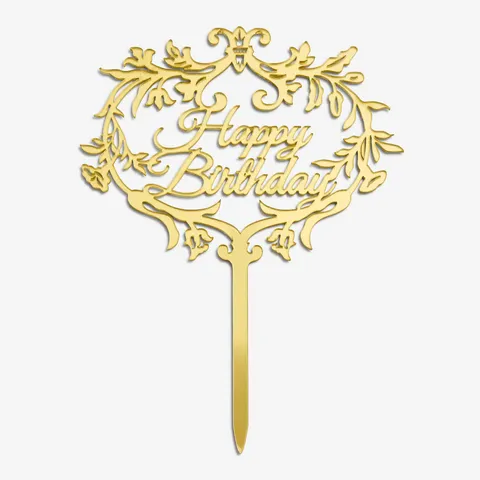 Close-up shot of Lady M's gold Cake Topper spelling out the words: "Happy Birthday".