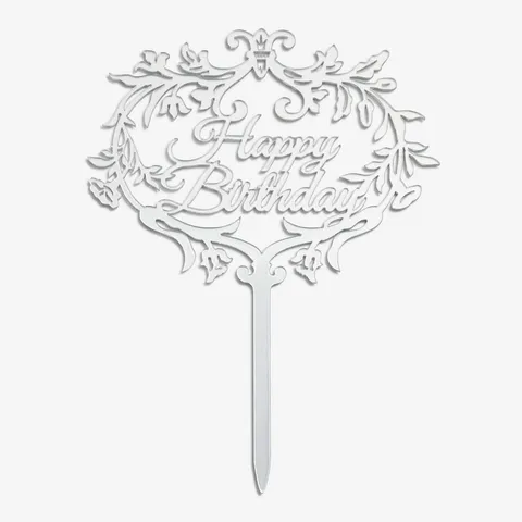 Close-up shot of Lady M's silver Cake Topper spelling out the words: "Happy Birthday".