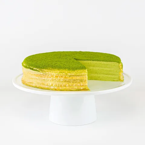 Lady M's Green Tea Mille Crêpes: thin crêpes, green tea pastry cream, green tea powder.