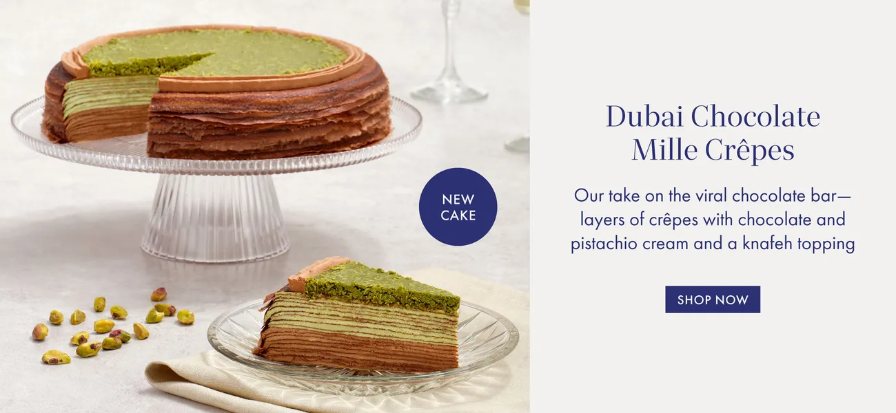Dubai Chocolate Mille Crêpes cake with chocolate pistachio cream and knafeh topping.