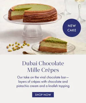 Dubai Chocolate Mille Crêpes cake with chocolate pistachio cream and knafeh topping.