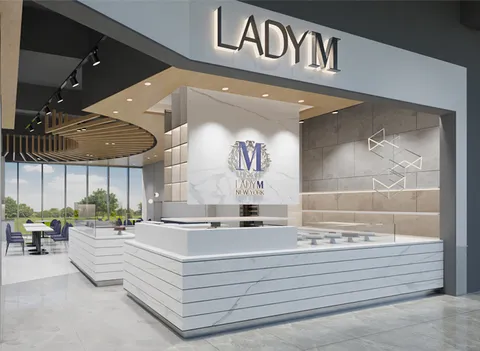 Lady M Taichung LaLaport: backlit sign, white striped counters, blue logo on marble, wood ceiling, natural light, purple seating.
