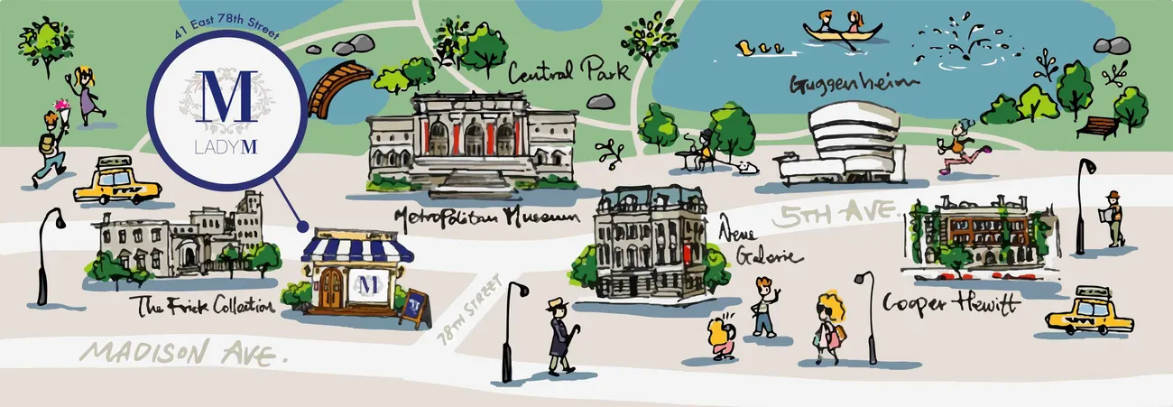 Hand illustration of the Upper East Side neighborhood featuring Lady M's boutique on 78th St, The Met Museum, The Frick Collection, The Neue Gallerie, The Guggenheim, and Cooper Hewitt.
