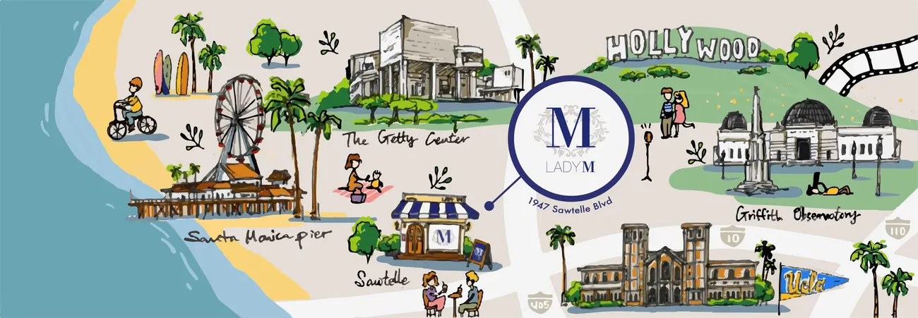 Hand illustration of Los Angeles highlighting Lady M's Sawtelle boutique, Santa Monica Pier, The Getty Center, UCLA, Griffith Observatory and The Hollywood Sign.