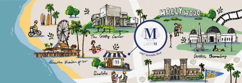 Hand illustration of Los Angeles with Lady M Sawtelle, Santa Monica Pier, Getty Center, UCLA, Griffith, Hollywood Sign.