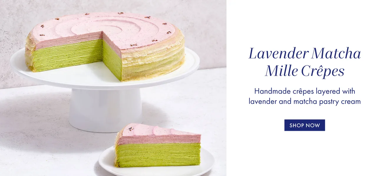 Lavender Matcha Mille Crêpes: handmade crepes, lavender and matcha cream. SHOP NOW.