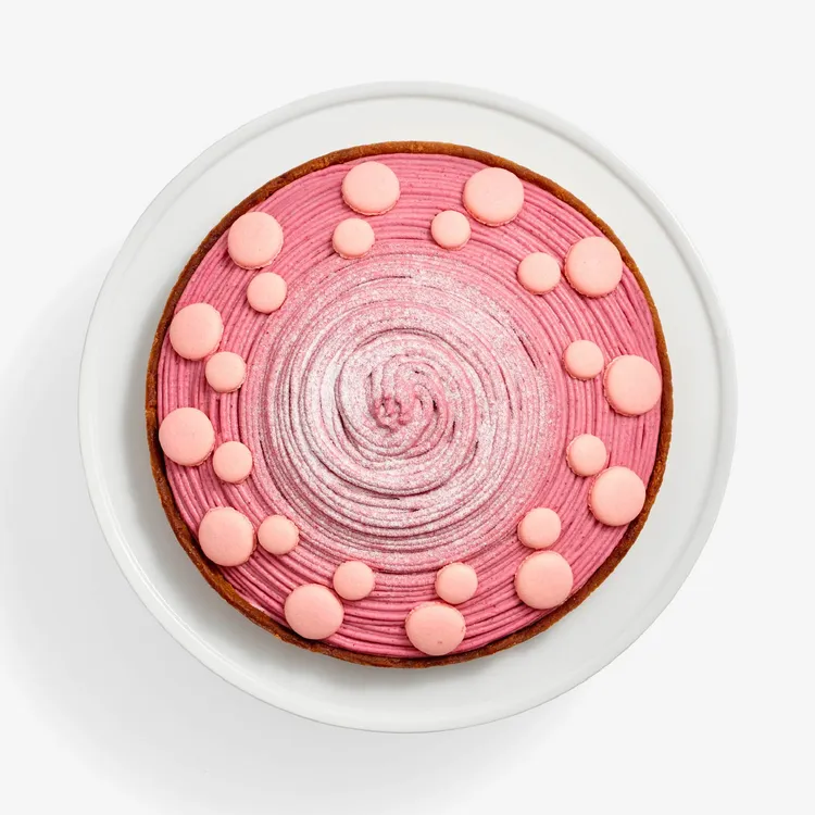 Top down image of Berry Mont Blanc Tart on a white background featuring a piping of four-berry mousse, baby pink macaron shells, and powdered sugar.