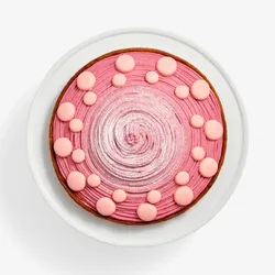 Top down image of Berry Mont Blanc Tart on a white background featuring a piping of four-berry mousse, baby pink macaron shells, and powdered sugar.