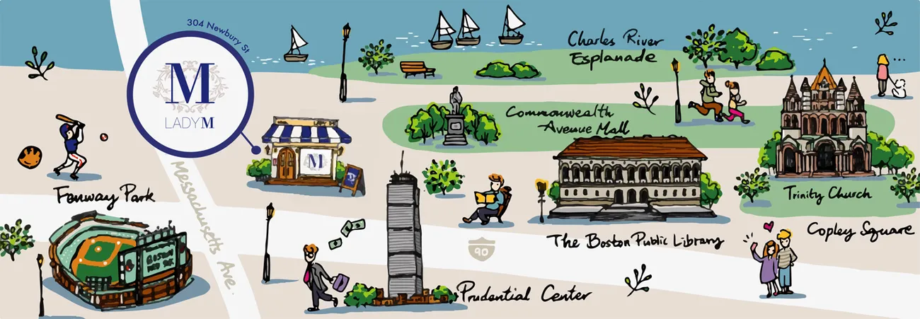 Illustrated map of Boston showing Lady M's boutique at 304 Newbury Street in relation to landmarks like Fenway Park, Charles River Esplanade, Commonwealth Avenue Mall, Prudential Center, Boston Public Library, Trinity Church, and Copley Square.