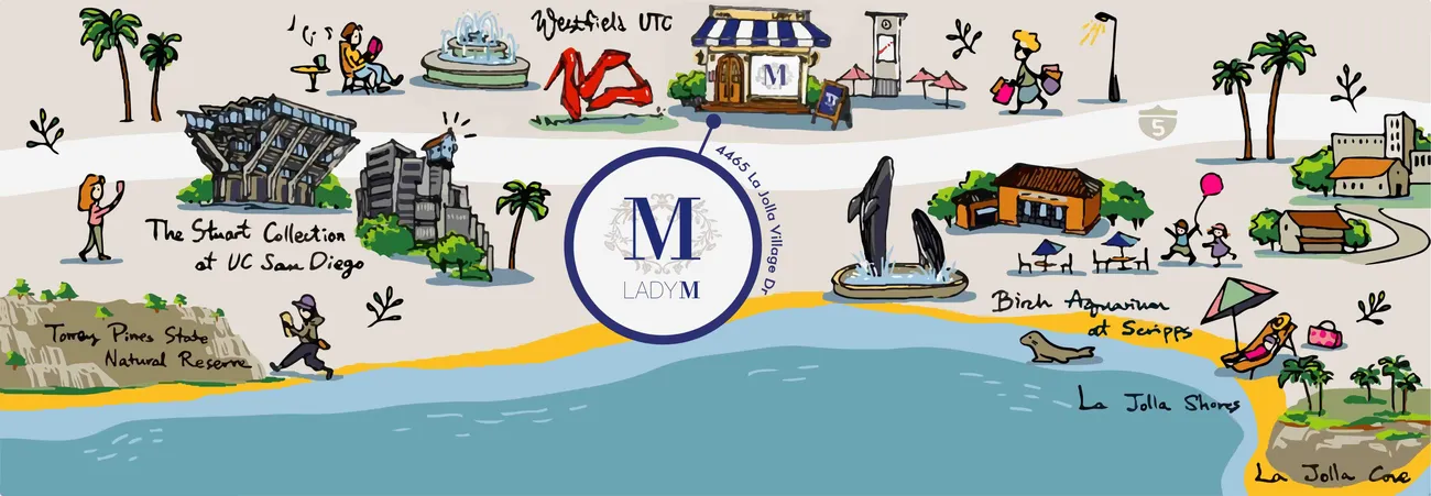 Illustrated map of La Jolla San Diego showing Lady M's boutique at Westfield UTC in relation to famous landmarks like UC San Diego's Stuart Collection, Torrey Pines Reserve, Birch Aquarium, La Jolla Shores and Cove.