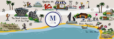 Illustrated La Jolla map showing Lady M at Westfield UTC near landmarks like UCSD and Torrey Pines.
