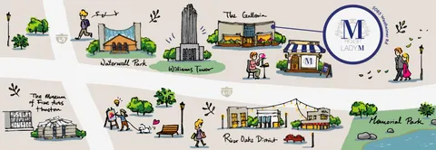 Whimsical illustrated map of Houston landmarks near Lady M at 5085 Westheimer Rd.