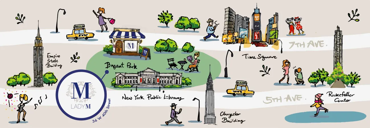 Illustrated map of Midtown NYC featuring landmarks near Lady M Bryant Park at 36 W 40th Street.
