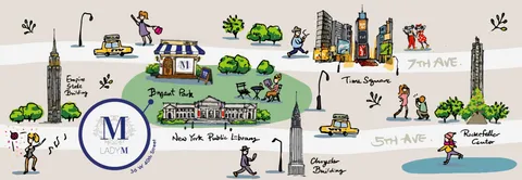 Illustrated map of Midtown NYC featuring landmarks near Lady M Bryant Park at 36 W 40th Street.