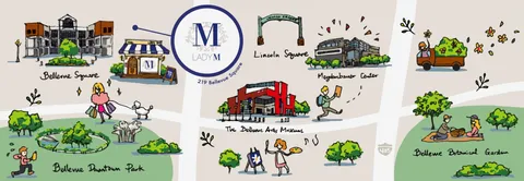 Playful illustrated map of Bellevue highlights landmarks near Lady M at 219 Bellevue Square.