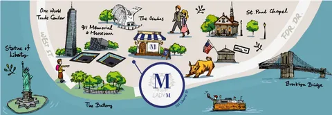 Illustrated map of NYC landmarks including WTC, 9/11 Memorial, Statue of Liberty, and Brooklyn Bridge.