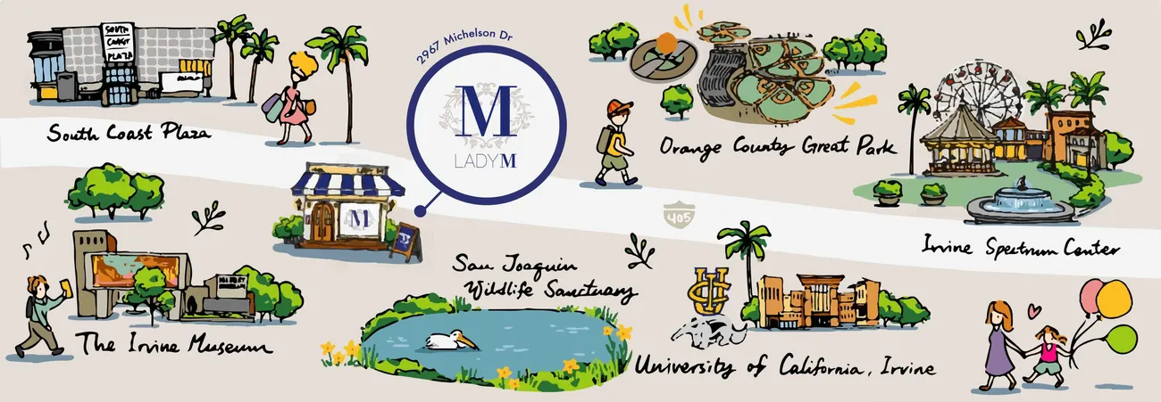Illustrated map of Irvine, CA, showing landmarks like South Coast Plaza and UC Irvine.
