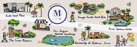 Illustrated map of Irvine, CA, showing landmarks like South Coast Plaza and UC Irvine.