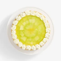 Overhead view of Lady M's Charlotte au Melon cake with decorative melon slices and cream border.