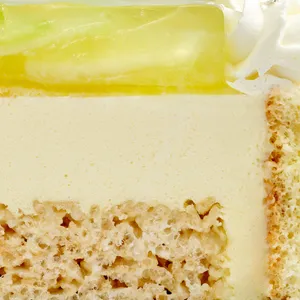 Close-up of a Charlotte au Melon cake slice showing sponge cake, cream, and melon jelly layers.