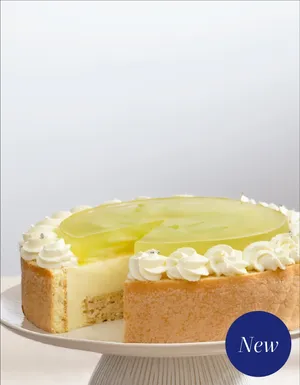 Charlotte-style cake with melon jelly topping, whipped cream border, and one slice removed on a stand.