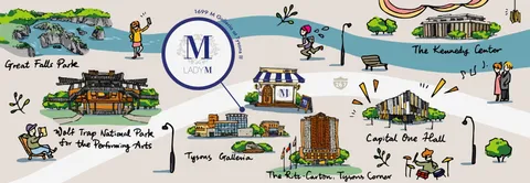 Illustrated map of Tysons, VA featuring landmarks near Tysons Galleria.