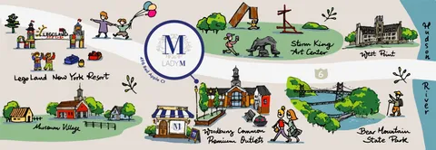 Illustrated map showing Woodbury Common Premium Outlets and nearby landmarks.