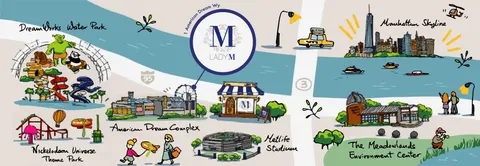 Illustrated map showing American Dream complex and nearby landmarks.