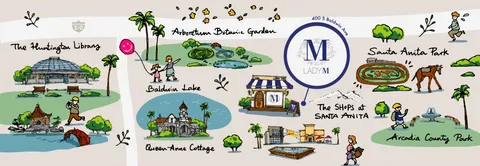 Illustrated map showing Arcadia, CA, Lady M, and nearby landmarks.