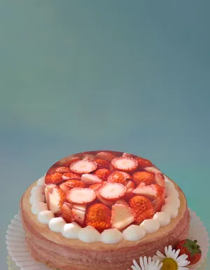 Lady M's Oishii Berry Trois Mille Crêpes cake on a light blue background.