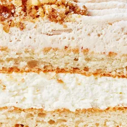 Close up shot of Lady M's Gateau aux Marrons with layers of cake, mousse, cream and nuts.