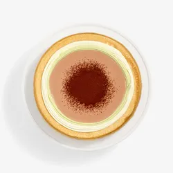 A top-down shot of a Lady M Coffee Matcha Mille Crêpes on top a white cake stand.