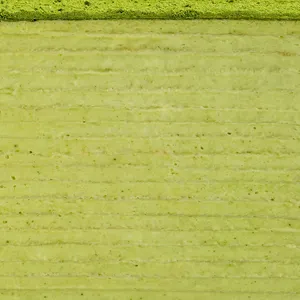 Detail shot of Lady M's Gluten-Free Green Tea Mille Crêpes. Layers of crêpe, cream, and matcha powder.