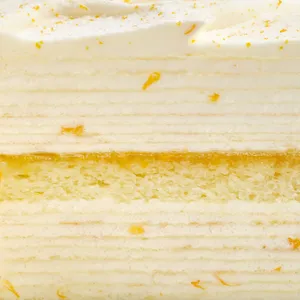 Detail shot of a Lady M Orange Mille Crepes. Layers of crepes, sponge, and orange marmalade.