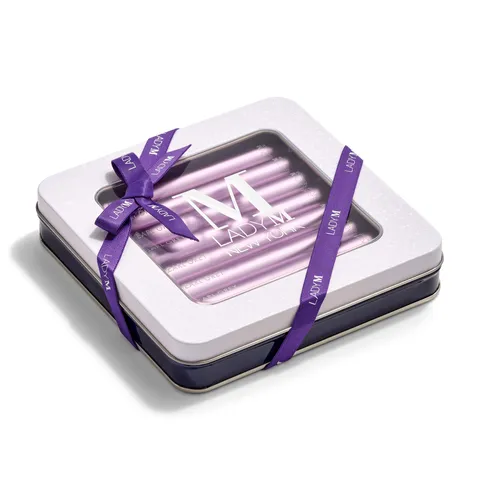 Side angle of Lady M's Earl Grey Crêpe Biscuit tin.