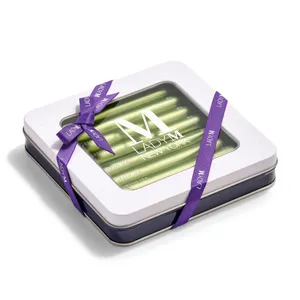 Side angle of Lady M's Green Tea Crêpe Biscuit tin.