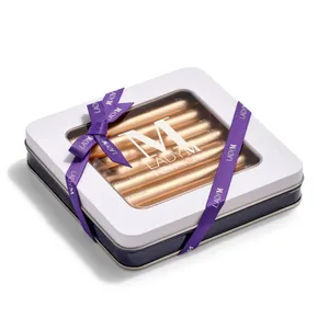 Side angle of Lady M's Vanilla Crêpe Biscuit tin.