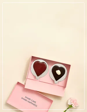Lady M's Chocolate Duo Heart Cake Gift Set in custom packaging that says "Share cake, share happiness."
